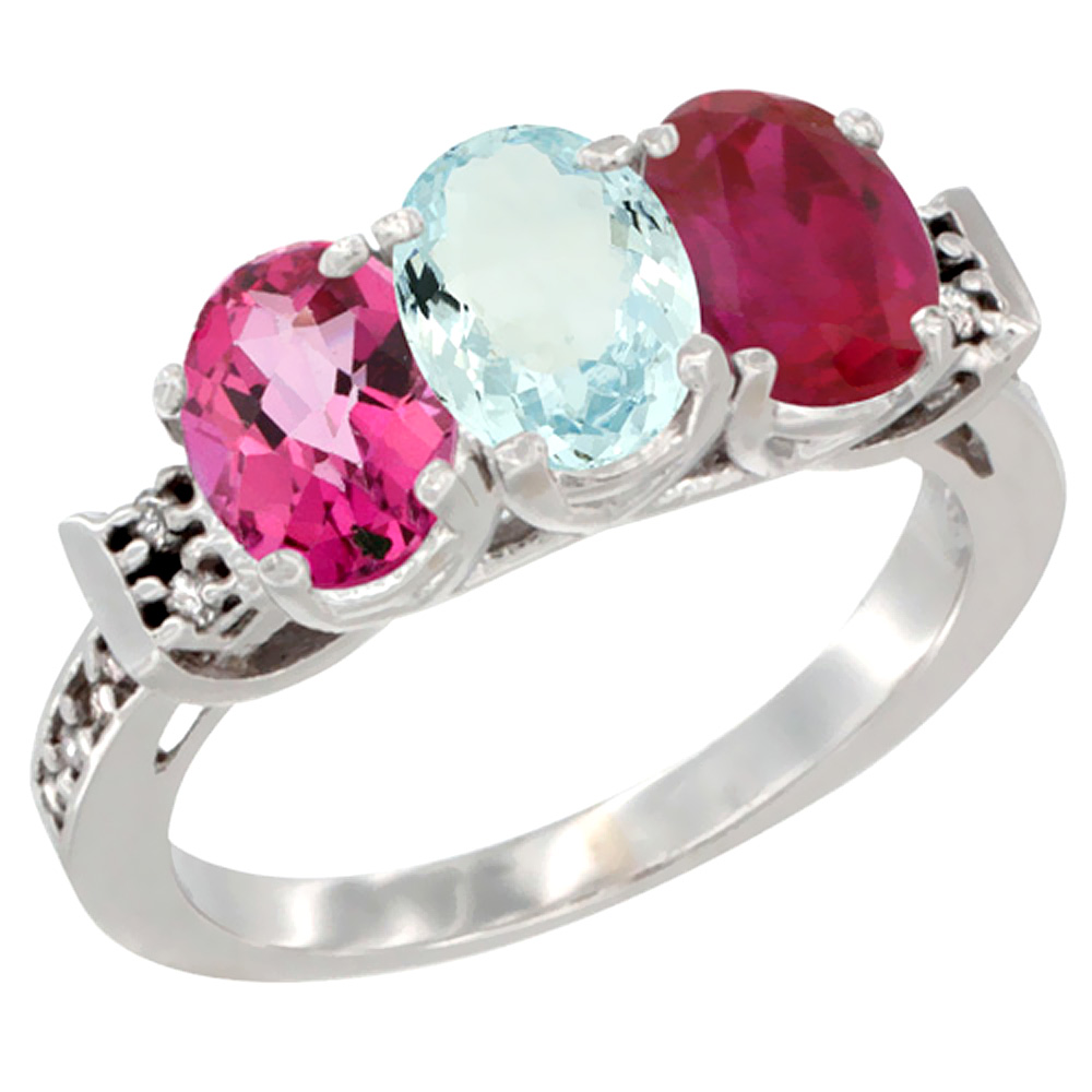10K White Gold Natural Pink Topaz, Aquamarine &amp; Enhanced Ruby Ring 3-Stone Oval 7x5 mm Diamond Accent, sizes 5 - 10