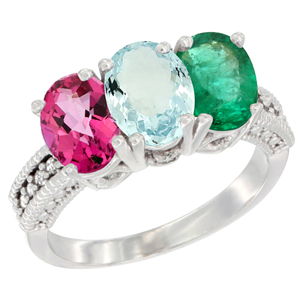 14K White Gold Natural Pink Topaz, Aquamarine & Emerald Ring 3-Stone 7x5 mm Oval Diamond Accent, sizes 5 - 10