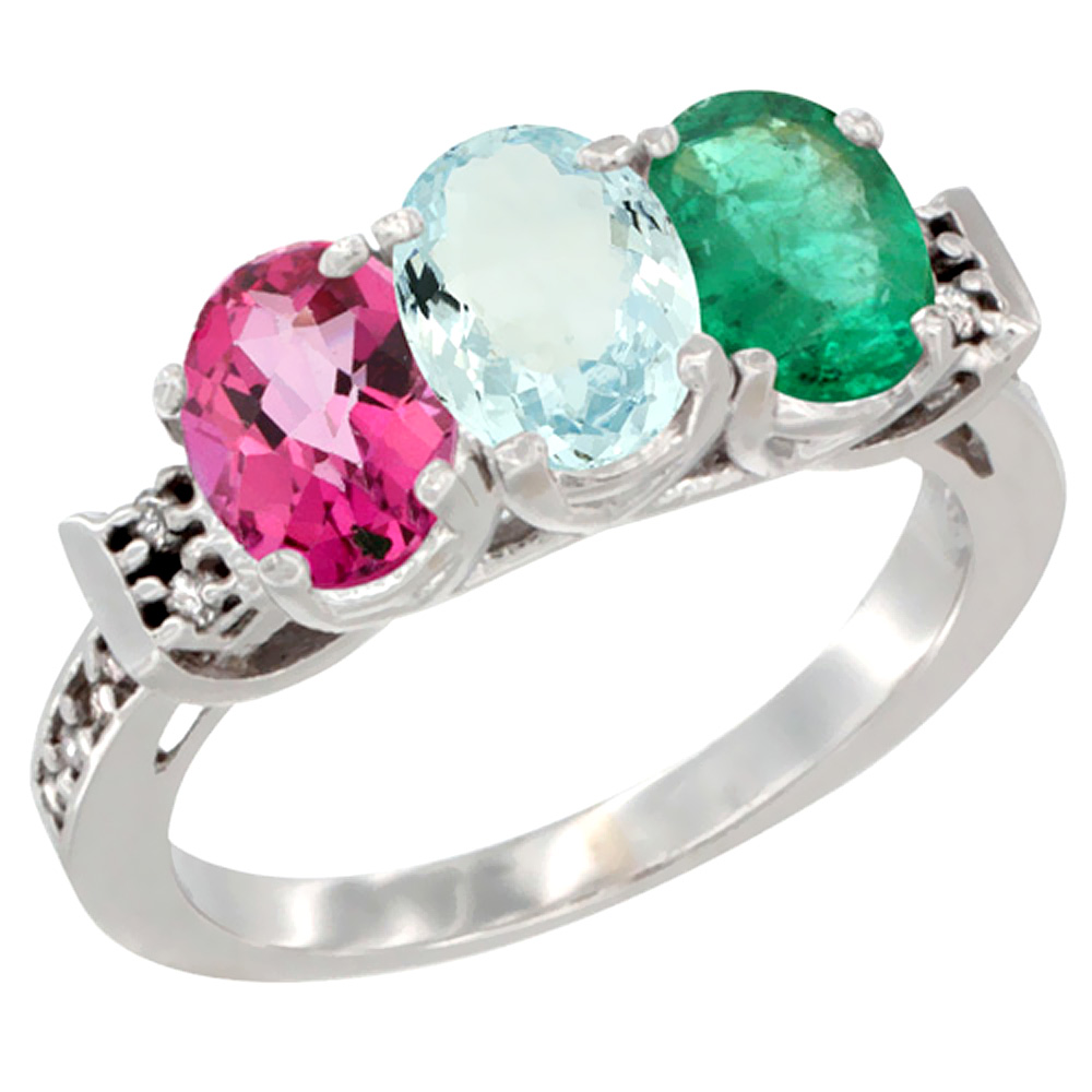 10K White Gold Natural Pink Topaz, Aquamarine & Emerald Ring 3-Stone Oval 7x5 mm Diamond Accent, sizes 5 - 10