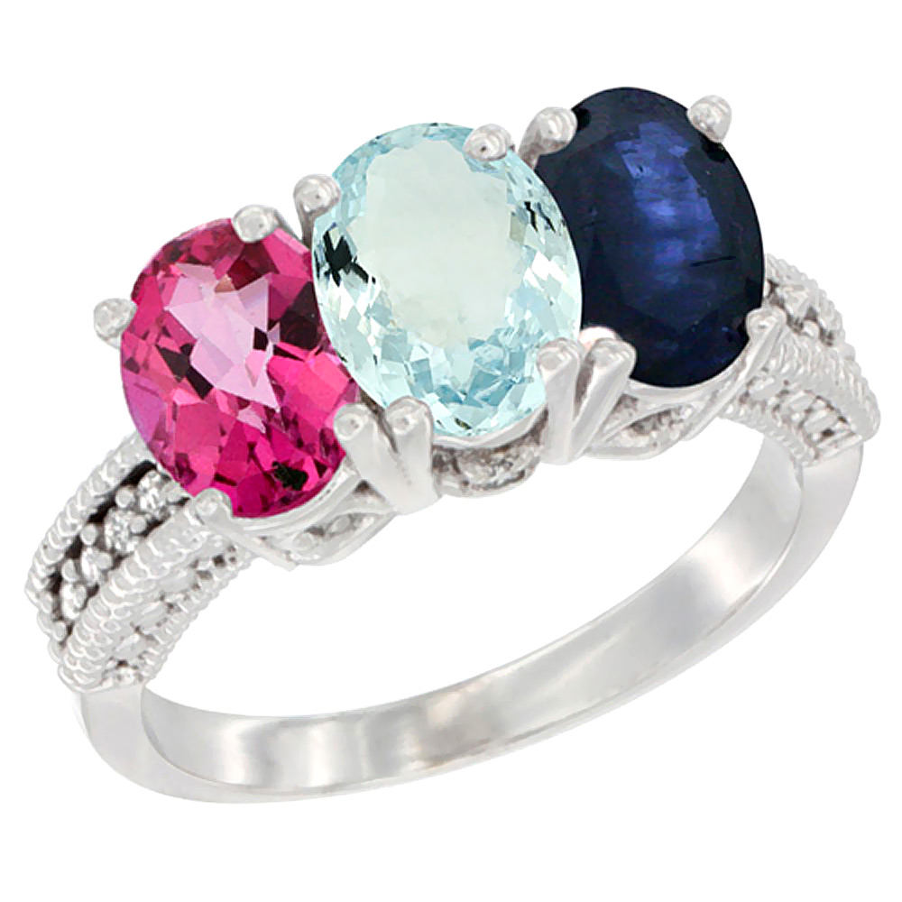 10K White Gold Natural Pink Topaz, Aquamarine & Blue Sapphire Ring 3-Stone Oval 7x5 mm Diamond Accent, sizes 5 - 10