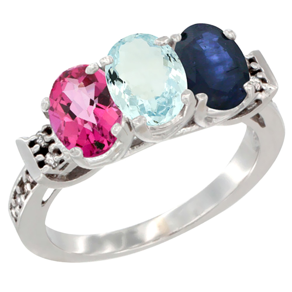 10K White Gold Natural Pink Topaz, Aquamarine &amp; Blue Sapphire Ring 3-Stone Oval 7x5 mm Diamond Accent, sizes 5 - 10