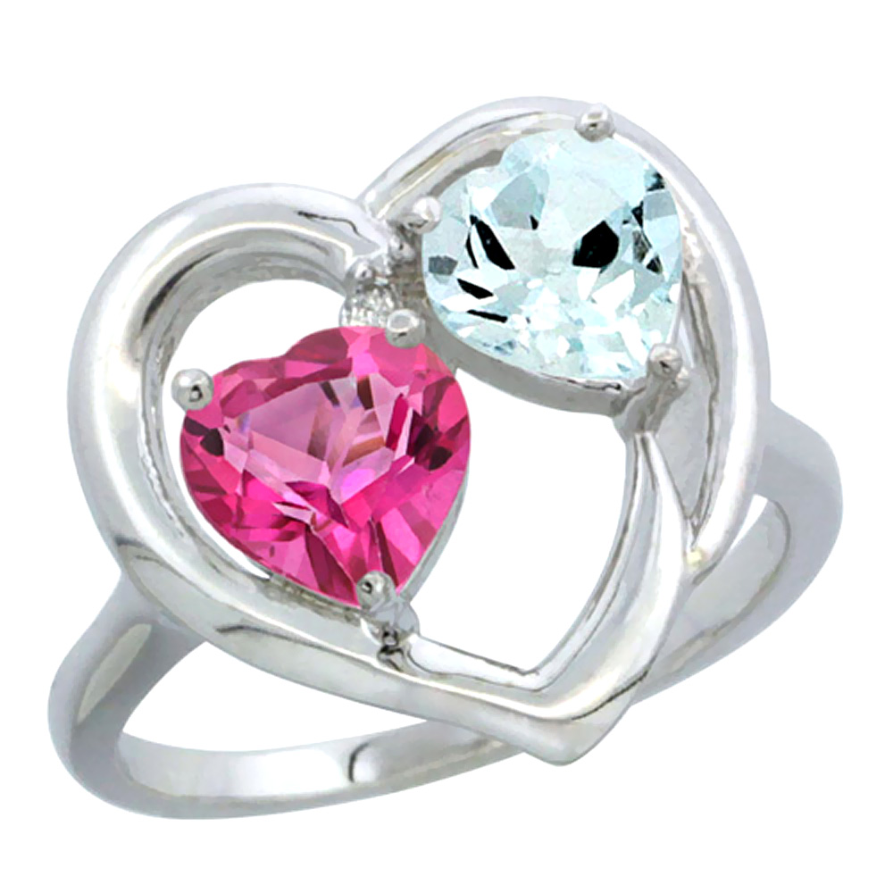 10K White Gold Diamond Two-stone Heart Ring 6 mm Natural Pink Topaz &amp; Aquamarine, sizes 5-10
