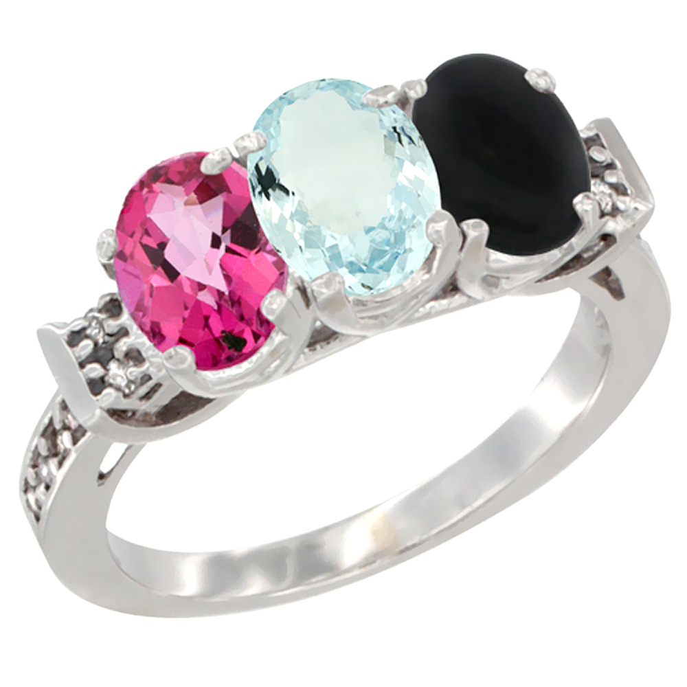 14K White Gold Natural Pink Topaz, Aquamarine & Black Onyx Ring 3-Stone 7x5 mm Oval Diamond Accent, sizes 5 - 10