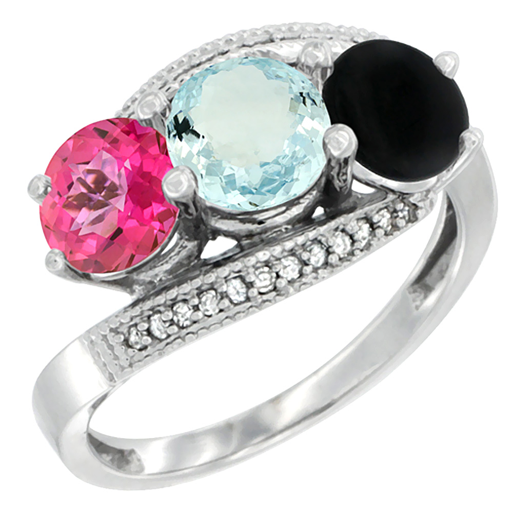 14K White Gold Natural Pink Topaz, Aquamarine & Black Onyx 3 stone Ring Round 6mm Diamond Accent, sizes 5 - 10