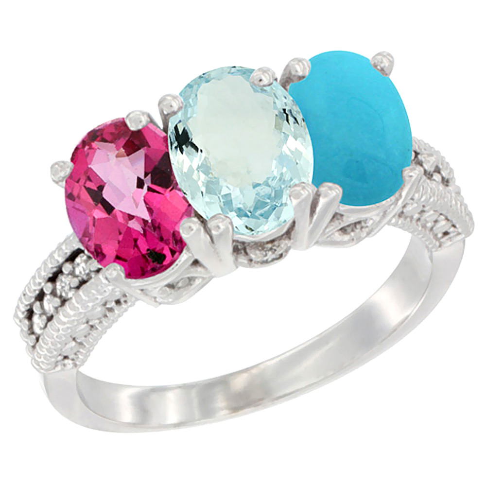 10K White Gold Natural Pink Topaz, Aquamarine &amp; Turquoise Ring 3-Stone Oval 7x5 mm Diamond Accent, sizes 5 - 10
