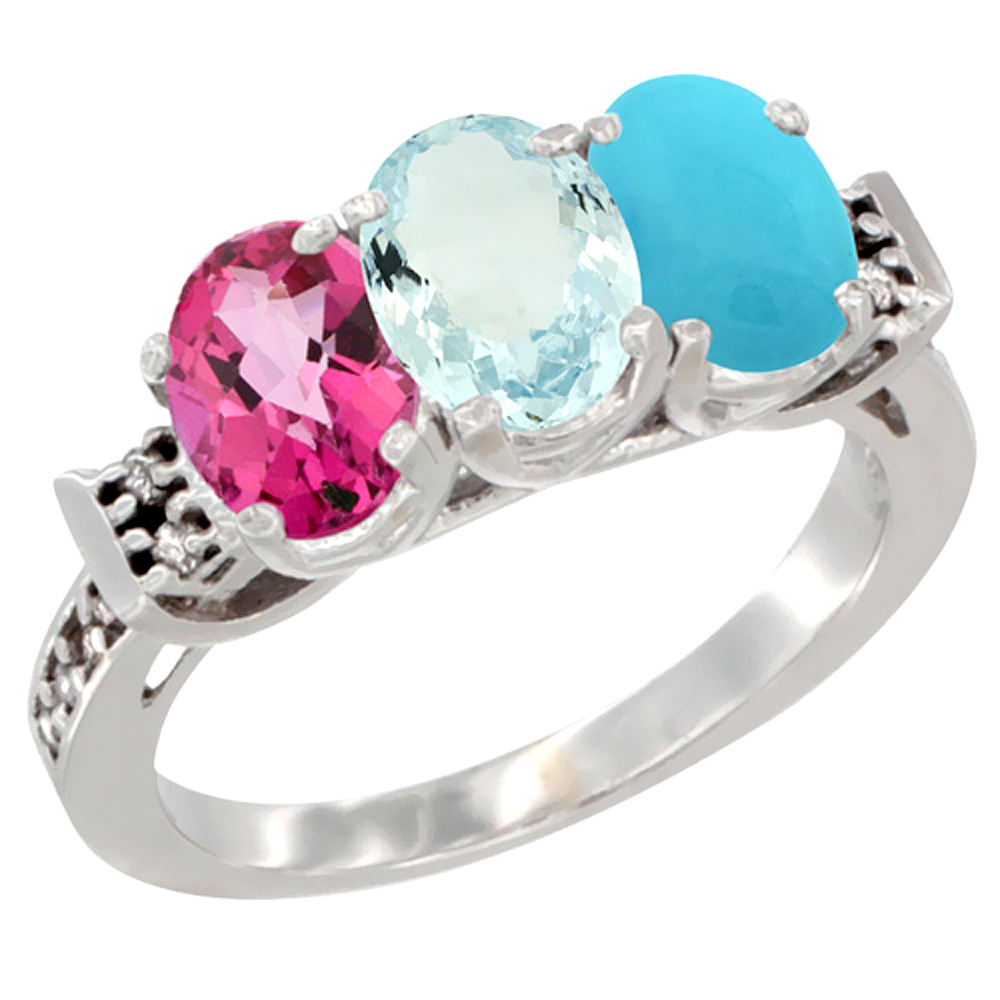 14K White Gold Natural Pink Topaz, Aquamarine & Turquoise Ring 3-Stone 7x5 mm Oval Diamond Accent, sizes 5 - 10
