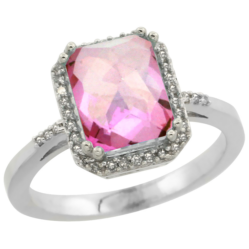 14K White Gold Diamond Natural Pink Topaz Ring Emerald-cut 9x7mm, sizes 5-10