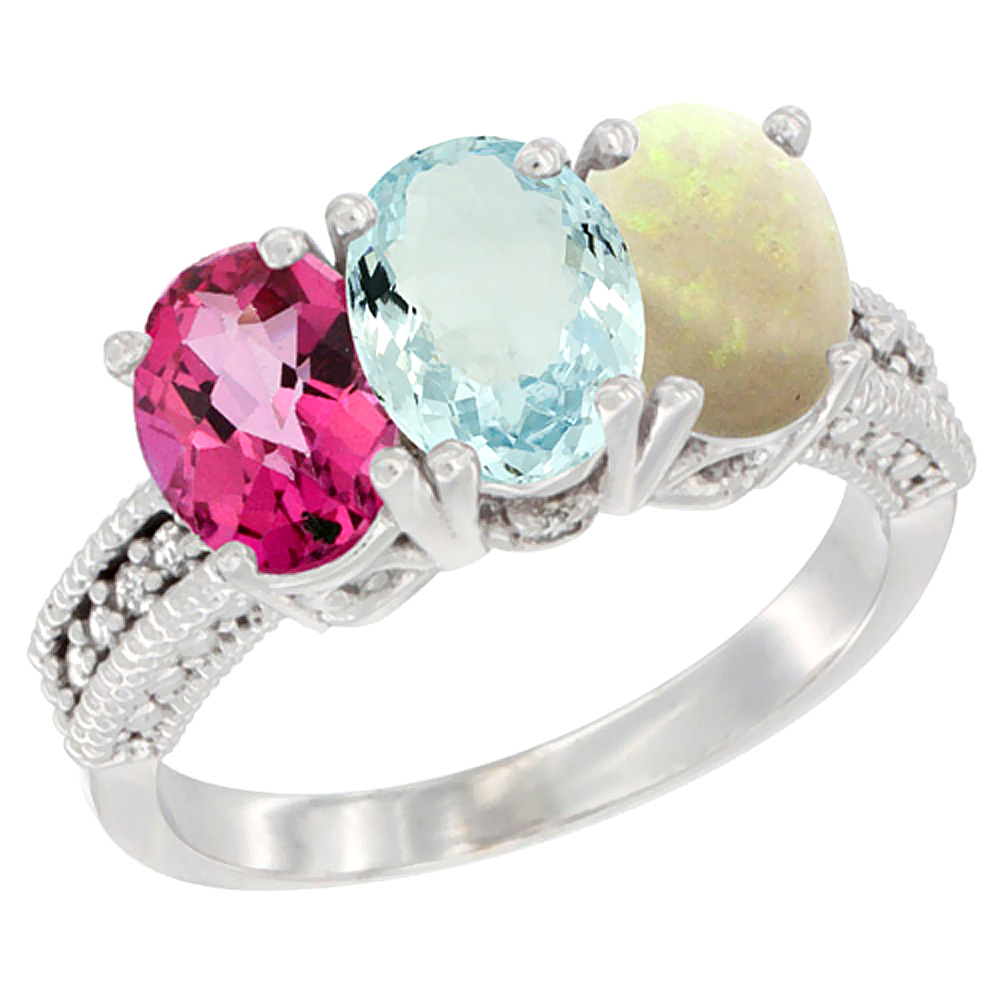 10K White Gold Natural Pink Topaz, Aquamarine & Opal Ring 3-Stone Oval 7x5 mm Diamond Accent, sizes 5 - 10