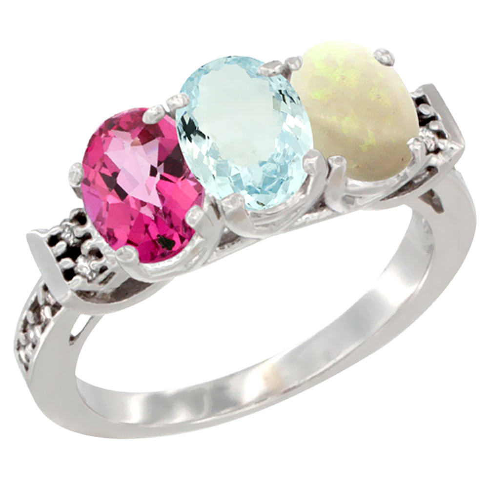 14K White Gold Natural Pink Topaz, Aquamarine & Opal Ring 3-Stone 7x5 mm Oval Diamond Accent, sizes 5 - 10