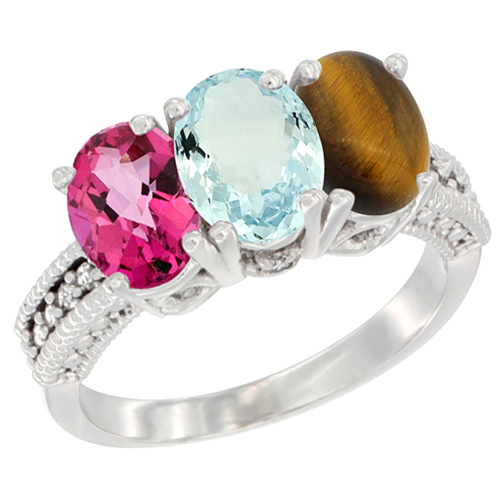 10K White Gold Natural Pink Topaz, Aquamarine &amp; Tiger Eye Ring 3-Stone Oval 7x5 mm Diamond Accent, sizes 5 - 10