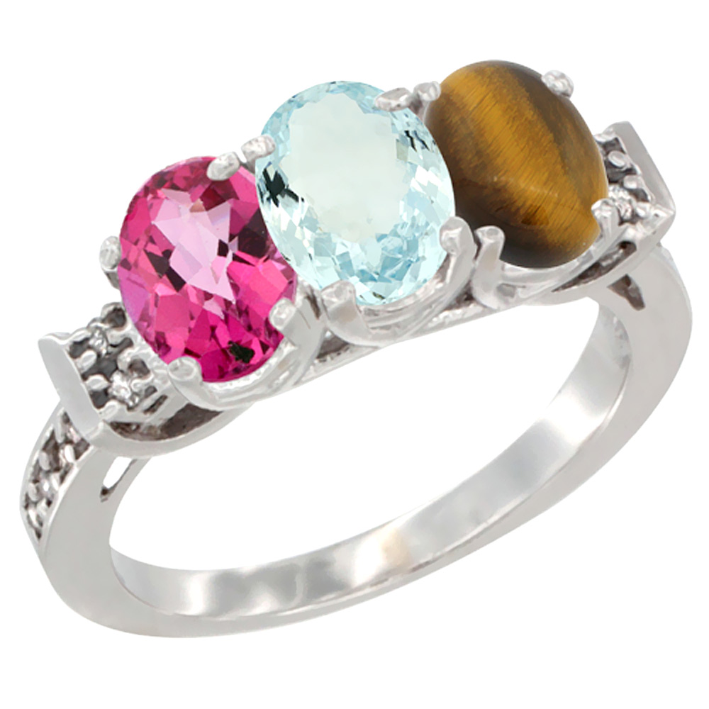 14K White Gold Natural Pink Topaz, Aquamarine & Tiger Eye Ring 3-Stone 7x5 mm Oval Diamond Accent, sizes 5 - 10