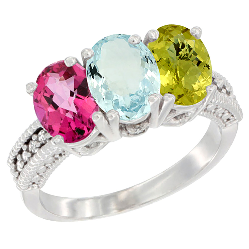 10K White Gold Natural Pink Topaz, Aquamarine & Lemon Quartz Ring 3-Stone Oval 7x5 mm Diamond Accent, sizes 5 - 10
