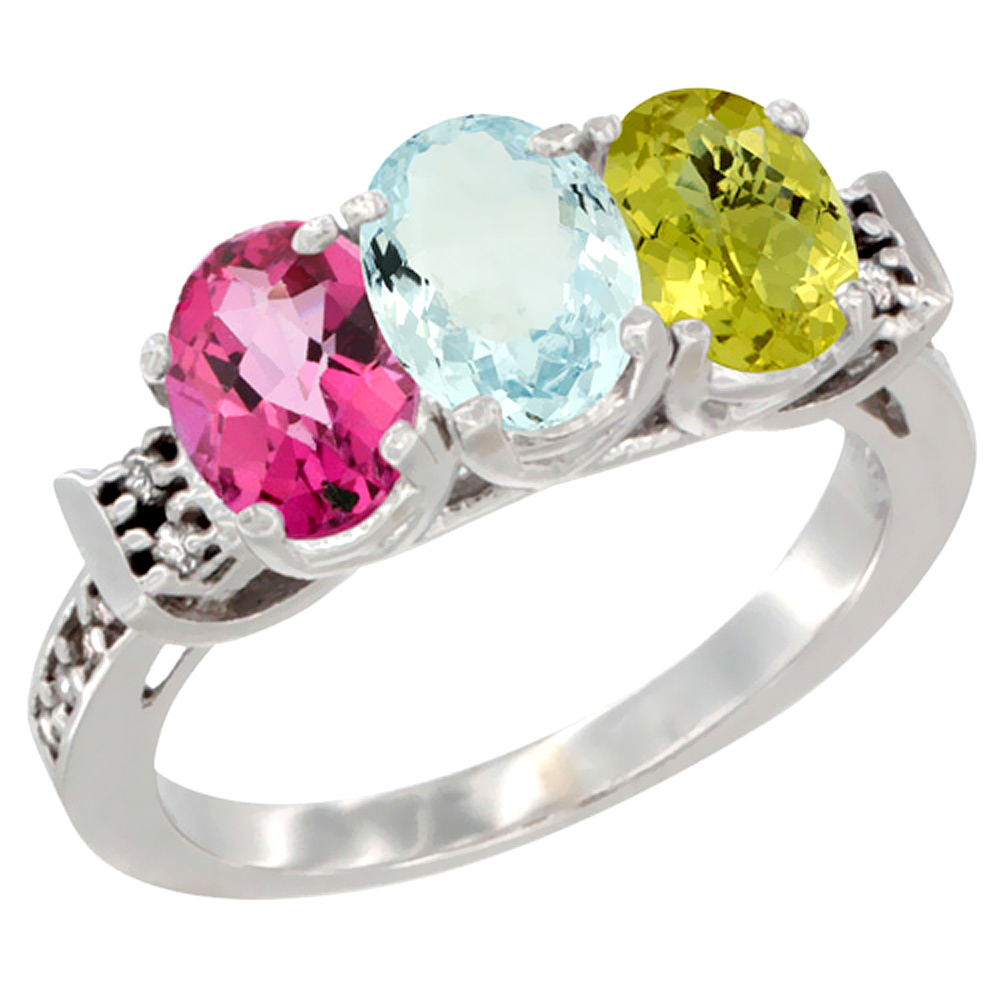14K White Gold Natural Pink Topaz, Aquamarine &amp; Lemon Quartz Ring 3-Stone 7x5 mm Oval Diamond Accent, sizes 5 - 10