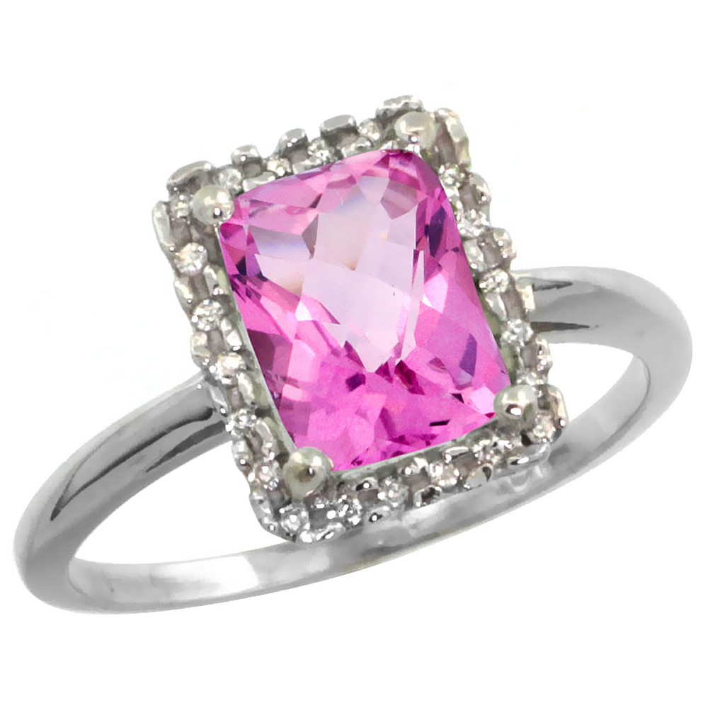 10K White Gold Diamond Natural Pink Topaz Ring Emerald-cut 8x6mm, sizes 5-10