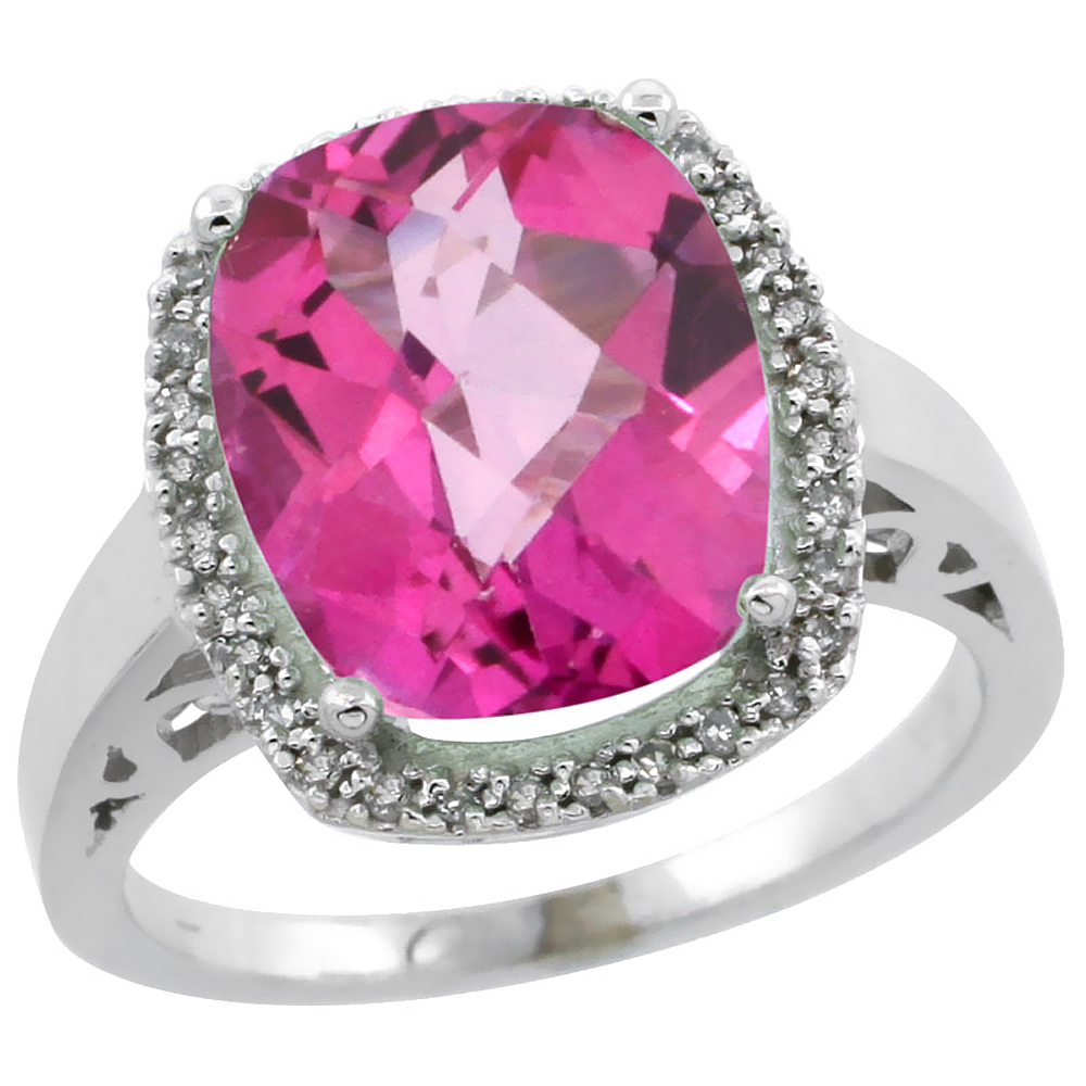 14K White Gold Diamond Natural Pink Topaz Ring Cushion-cut 12x10mm, sizes 5-10