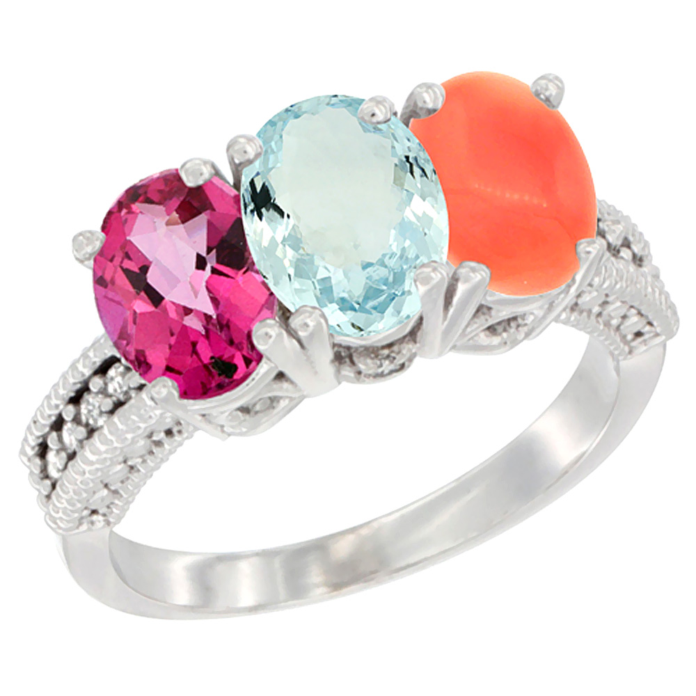 10K White Gold Natural Pink Topaz, Aquamarine &amp; Coral Ring 3-Stone Oval 7x5 mm Diamond Accent, sizes 5 - 10