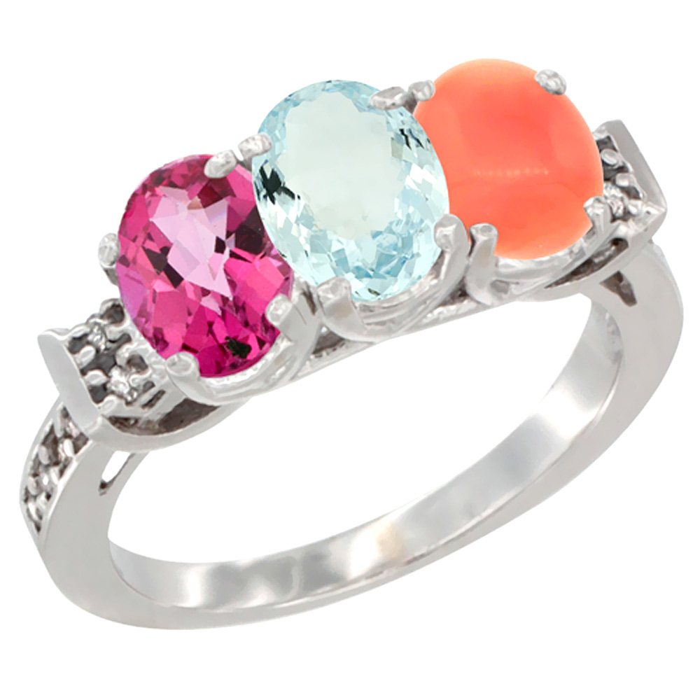 14K White Gold Natural Pink Topaz, Aquamarine & Coral Ring 3-Stone 7x5 mm Oval Diamond Accent, sizes 5 - 10
