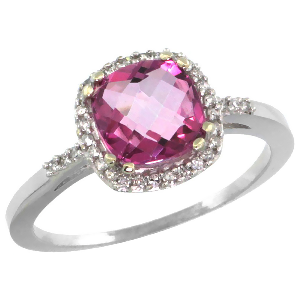 10K White Gold Diamond Natural Pink Topaz Ring Cushion-cut 7x7mm, sizes 5-10