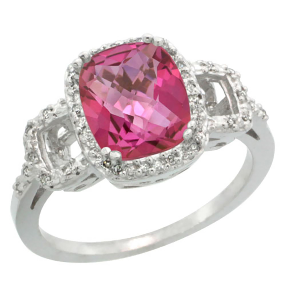 14K White Gold Diamond Natural Pink Topaz Ring Cushion-cut 9x7mm, sizes 5-10