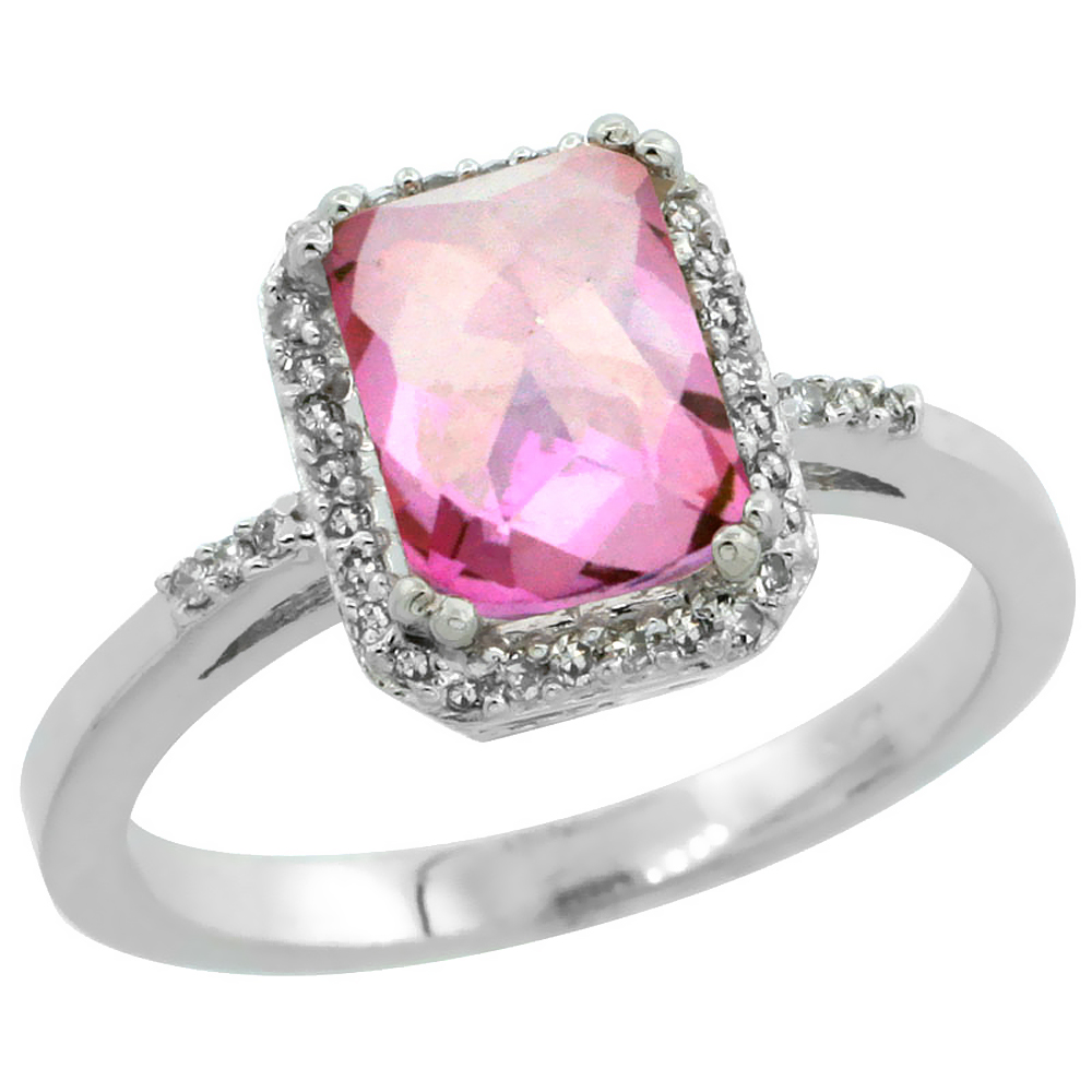 14K White Gold Diamond Natural Pink Topaz Ring Emerald-cut 8x6mm, sizes 5-10
