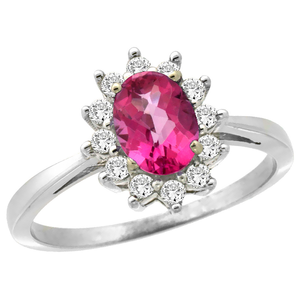 10k White Gold Natural Pink Topaz Engagement Ring Oval 7x5mm Diamond Halo, sizes 5-10