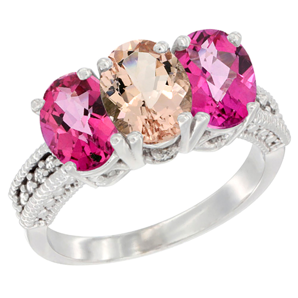 14K White Gold Natural Morganite & Pink Topaz Sides Ring 3-Stone 7x5 mm Oval Diamond Accent, sizes 5 - 10