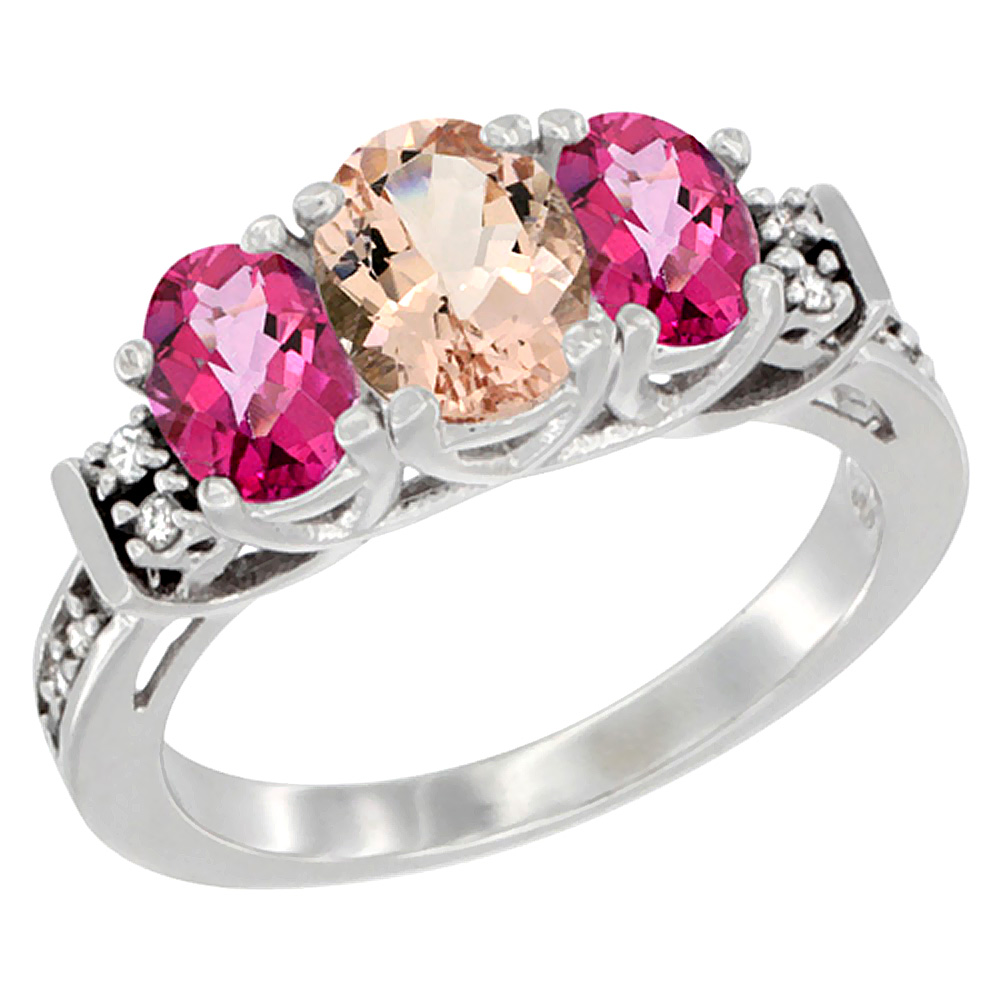 14K White Gold Natural Morganite &amp; Pink Topaz Ring 3-Stone Oval Diamond Accent, sizes 5-10