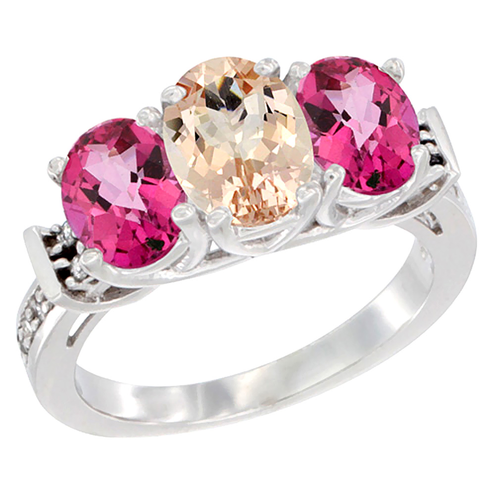 10K White Gold Natural Morganite &amp; Pink Topaz Sides Ring 3-Stone Oval Diamond Accent, sizes 5 - 10