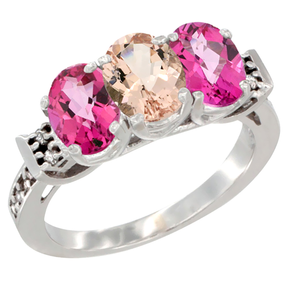14K White Gold Natural Morganite & Pink Topaz Sides Ring 3-Stone 7x5 mm Oval Diamond Accent, sizes 5 - 10