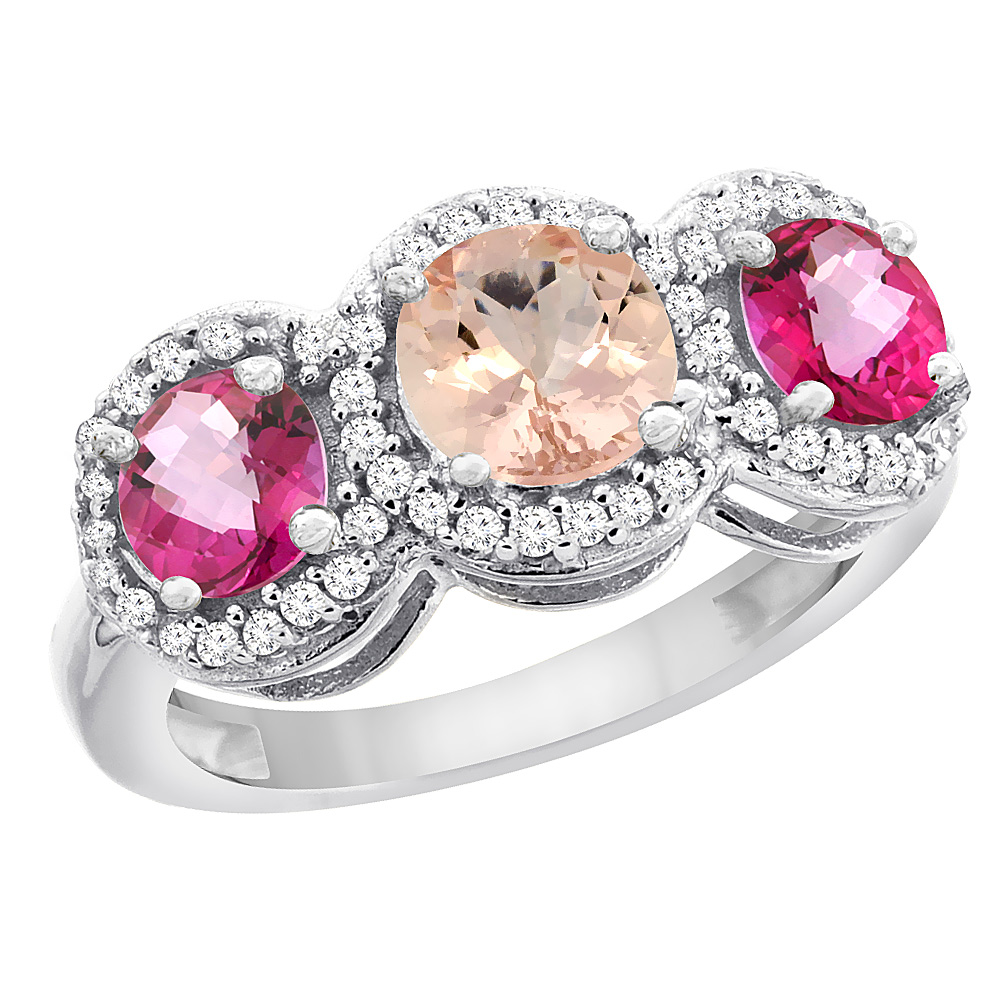 10K White Gold Natural Morganite &amp; Pink Topaz Sides Round 3-stone Ring Diamond Accents, sizes 5 - 10