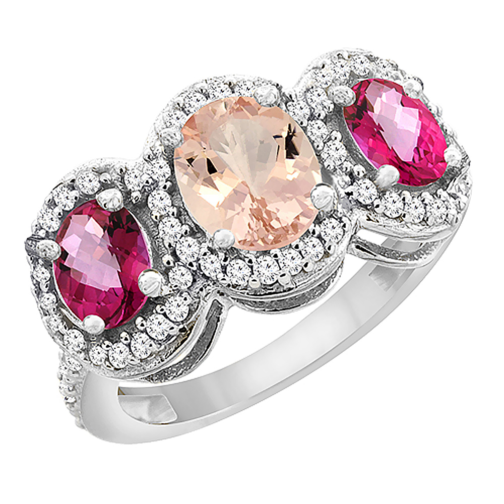 10K White Gold Natural Morganite &amp; Pink Topaz 3-Stone Ring Oval Diamond Accent, sizes 5 - 10