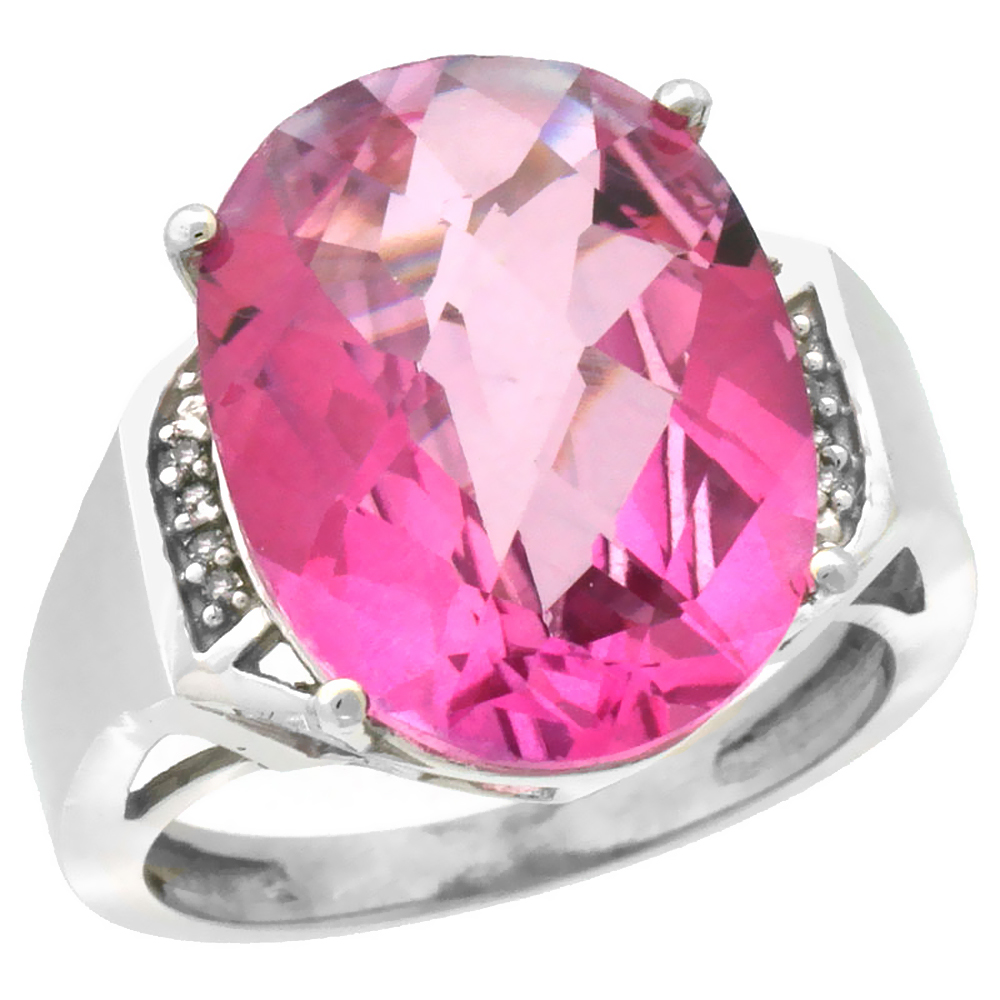 14K White Gold Diamond Natural Pink Topaz Ring Oval 16x12mm, sizes 5-10