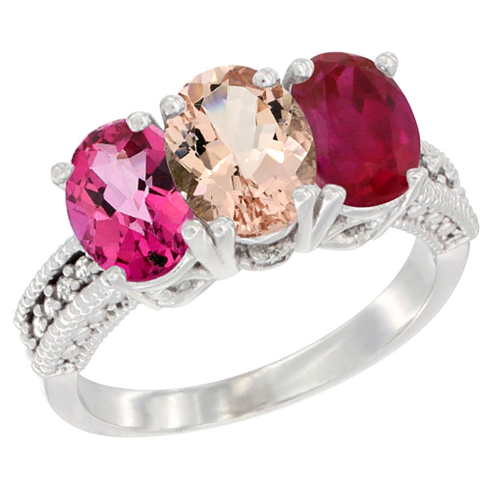 10K White Gold Natural Pink Topaz, Morganite &amp; Ruby Ring 3-Stone Oval 7x5 mm Diamond Accent, sizes 5 - 10