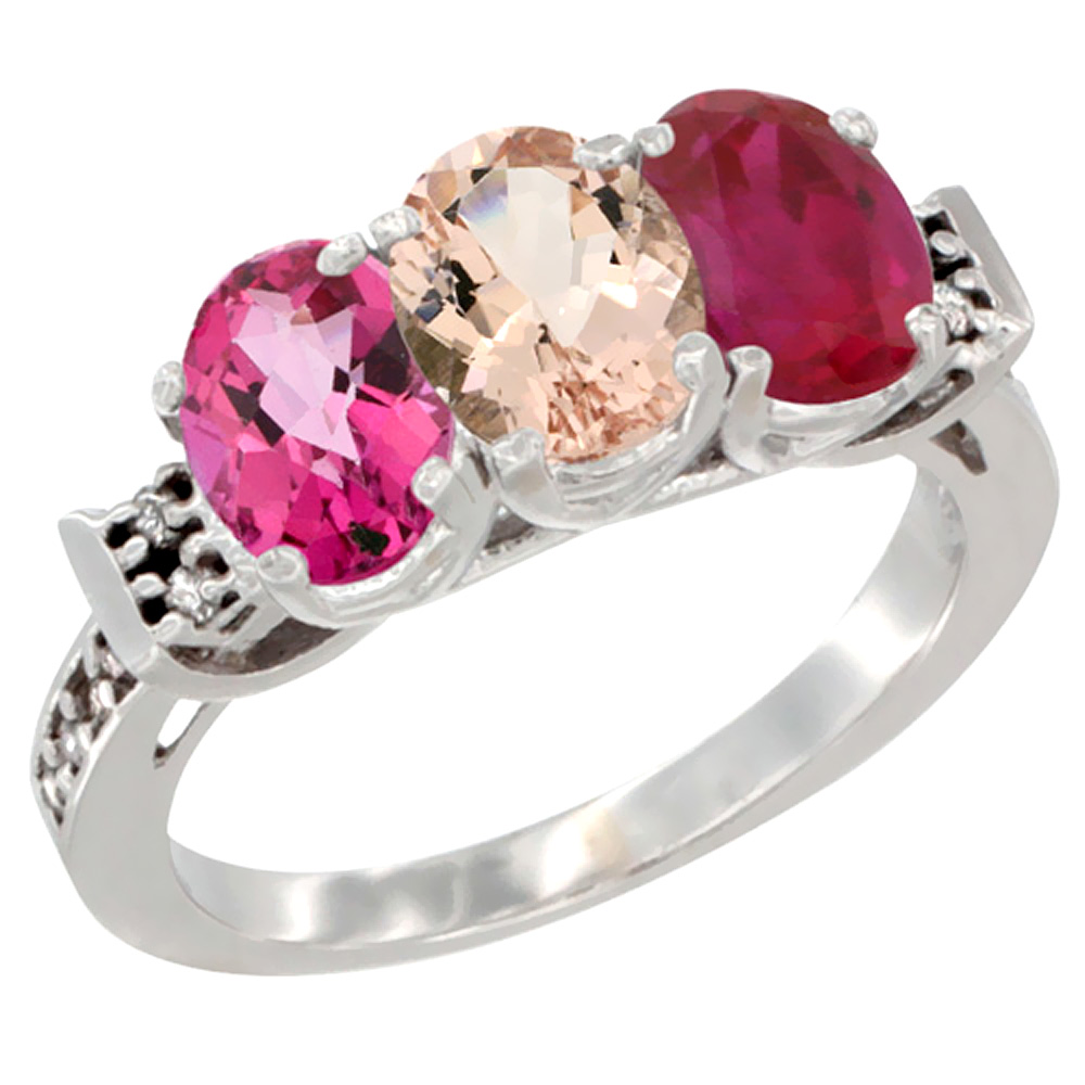 14K White Gold Natural Pink Topaz, Morganite & Enhanced Ruby Ring 3-Stone 7x5 mm Oval Diamond Accent, sizes 5 - 10