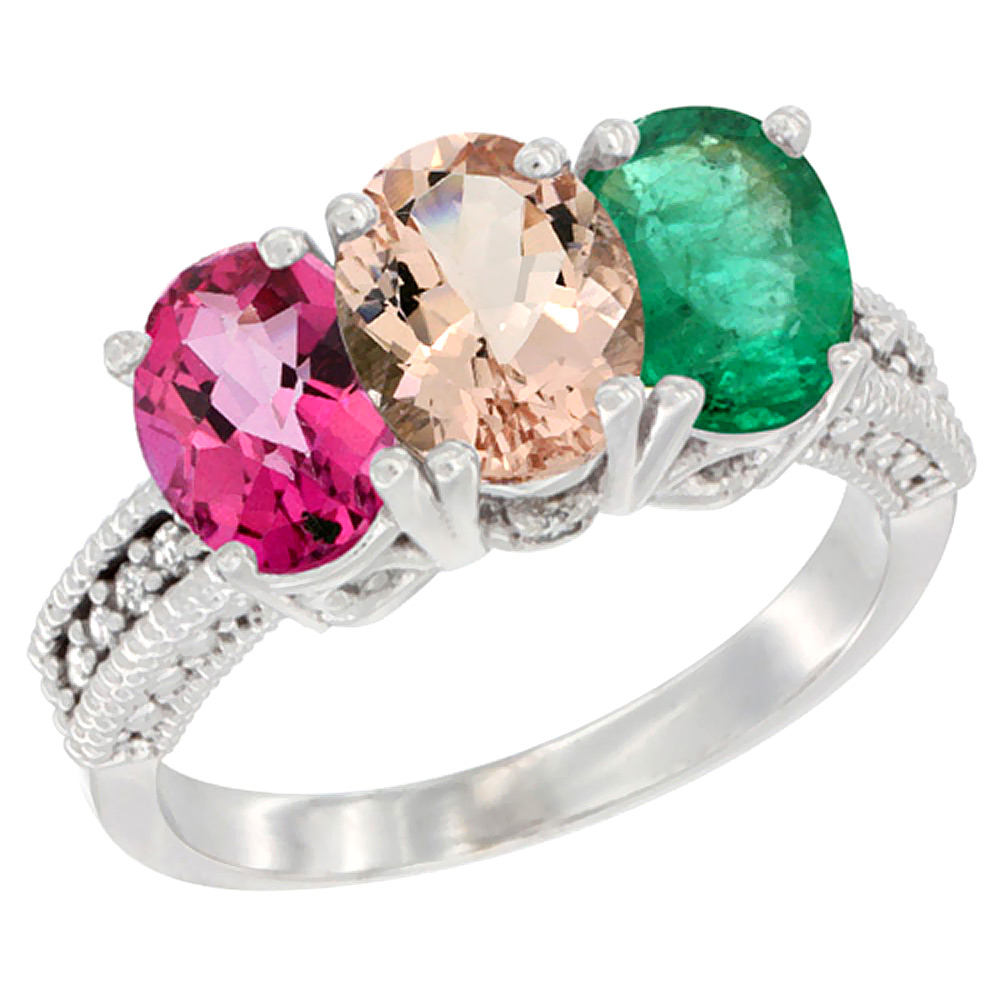 14K White Gold Natural Pink Topaz, Morganite &amp; Emerald Ring 3-Stone 7x5 mm Oval Diamond Accent, sizes 5 - 10