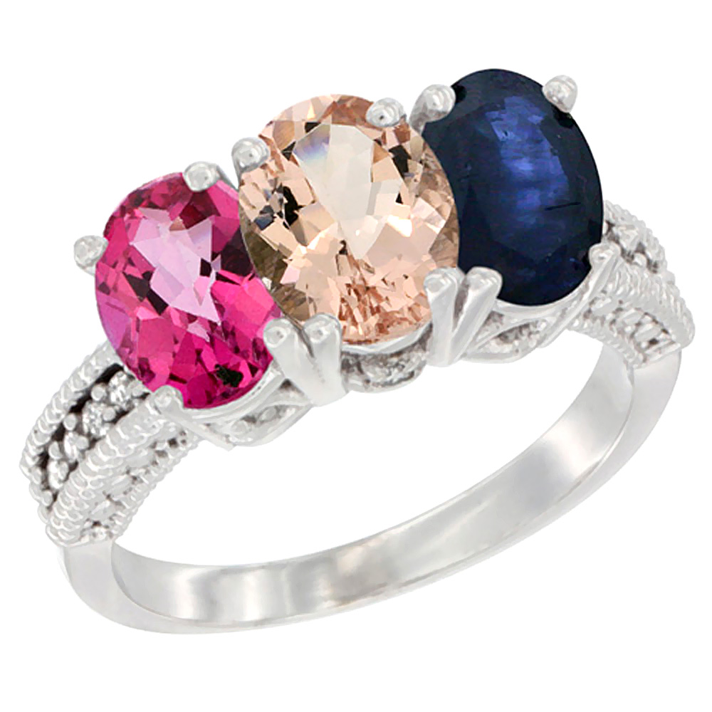 10K White Gold Natural Pink Topaz, Morganite &amp; Blue Sapphire Ring 3-Stone Oval 7x5 mm Diamond Accent, sizes 5 - 10