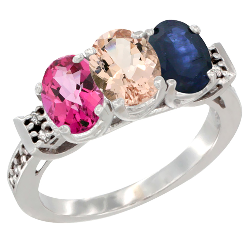14K White Gold Natural Pink Topaz, Morganite &amp; Blue Sapphire Ring 3-Stone 7x5 mm Oval Diamond Accent, sizes 5 - 10