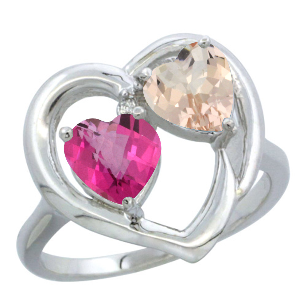 14K White Gold Diamond Two-stone Heart Ring 6 mm Natural Pink Topaz &amp; Morganite, sizes 5-10