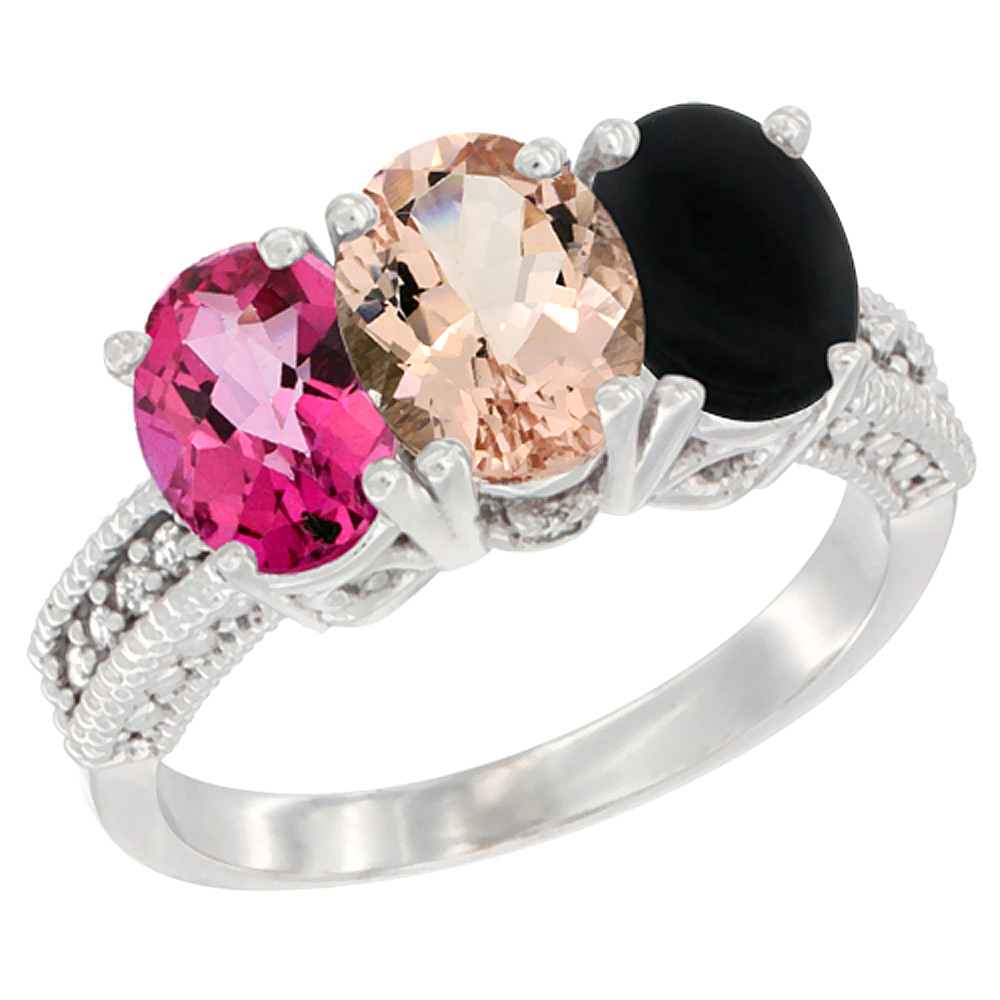 14K White Gold Natural Pink Topaz, Morganite &amp; Black Onyx Ring 3-Stone 7x5 mm Oval Diamond Accent, sizes 5 - 10