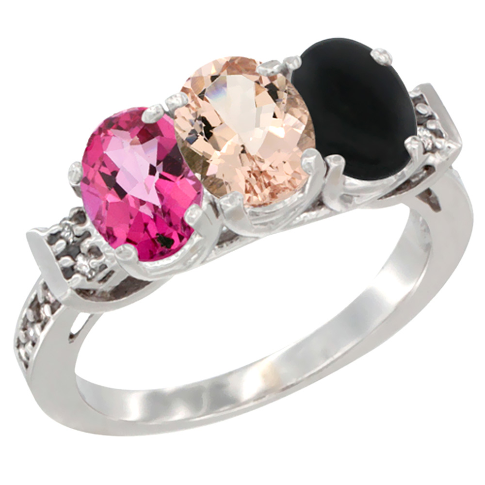 10K White Gold Natural Pink Topaz, Morganite &amp; Black Onyx Ring 3-Stone Oval 7x5 mm Diamond Accent, sizes 5 - 10