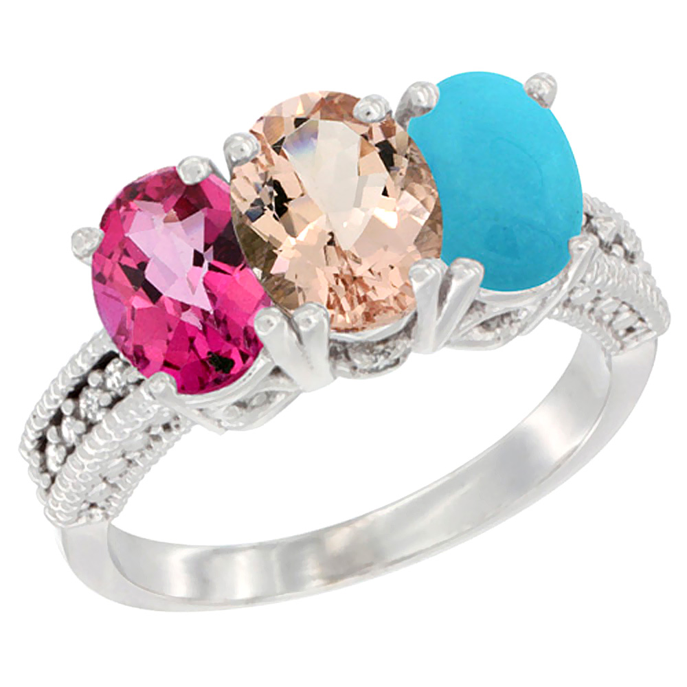 14K White Gold Natural Pink Topaz, Morganite &amp; Turquoise Ring 3-Stone 7x5 mm Oval Diamond Accent, sizes 5 - 10