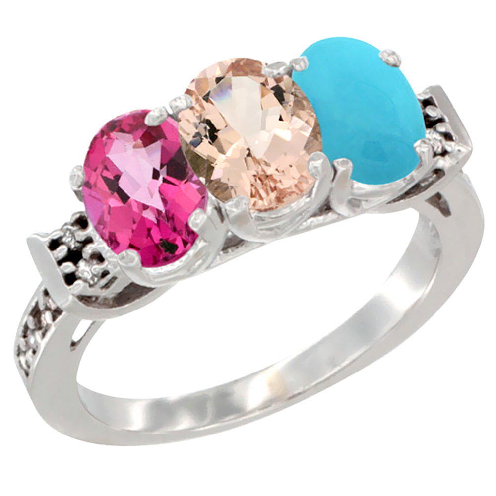 14K White Gold Natural Pink Topaz, Morganite & Turquoise Ring 3-Stone 7x5 mm Oval Diamond Accent, sizes 5 - 10