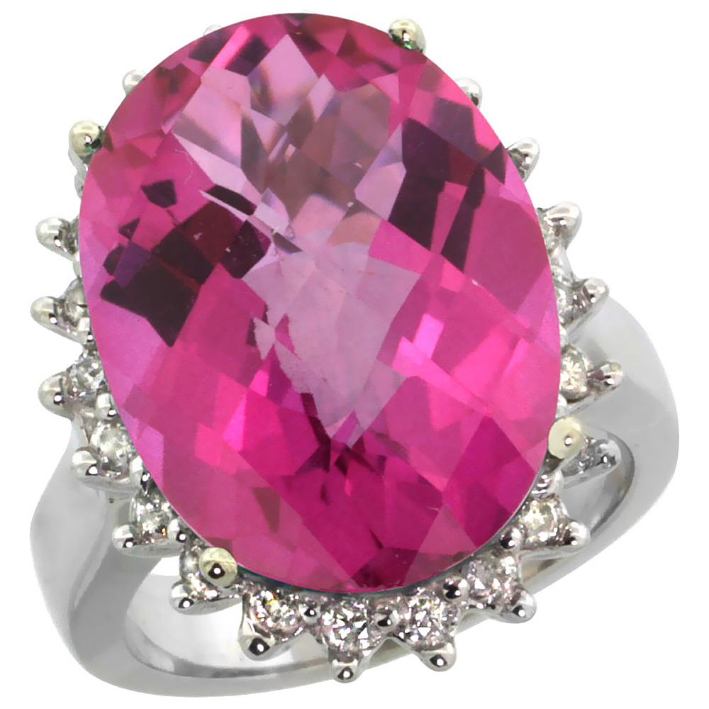14k White Gold Diamond Halo Natural Pink Topaz Ring Large Oval 18x13mm, sizes 5-10