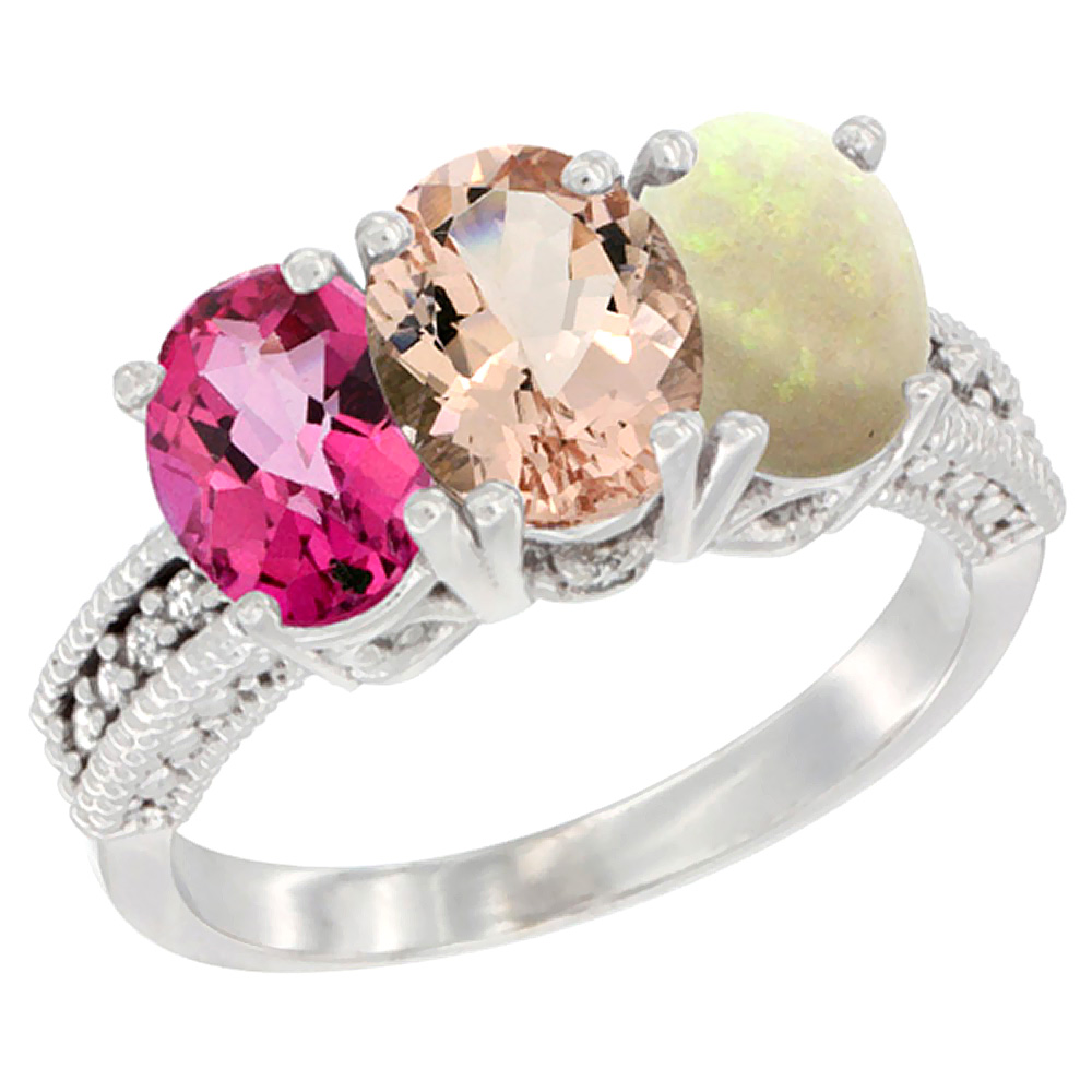10K White Gold Natural Pink Topaz, Morganite &amp; Opal Ring 3-Stone Oval 7x5 mm Diamond Accent, sizes 5 - 10