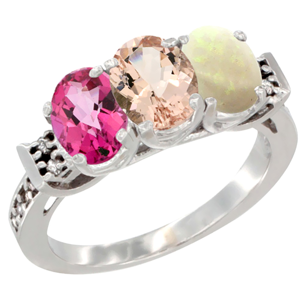 14K White Gold Natural Pink Topaz, Morganite &amp; Opal Ring 3-Stone 7x5 mm Oval Diamond Accent, sizes 5 - 10