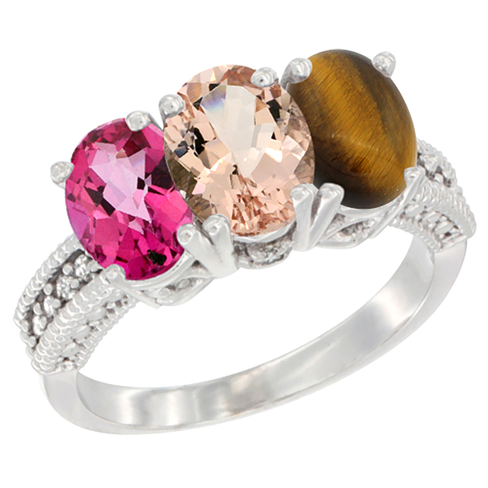 14K White Gold Natural Pink Topaz, Morganite &amp; Tiger Eye Ring 3-Stone 7x5 mm Oval Diamond Accent, sizes 5 - 10