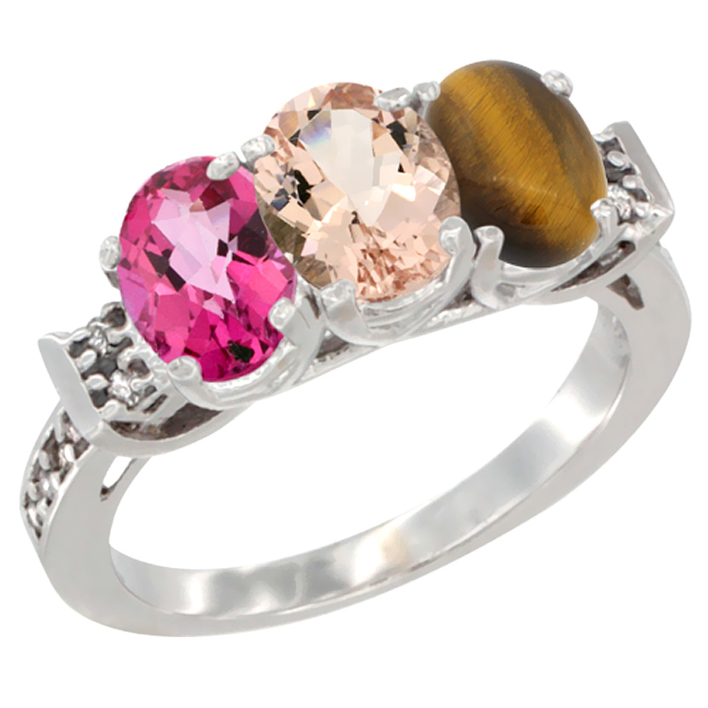 14K White Gold Natural Pink Topaz, Morganite &amp; Tiger Eye Ring 3-Stone 7x5 mm Oval Diamond Accent, sizes 5 - 10