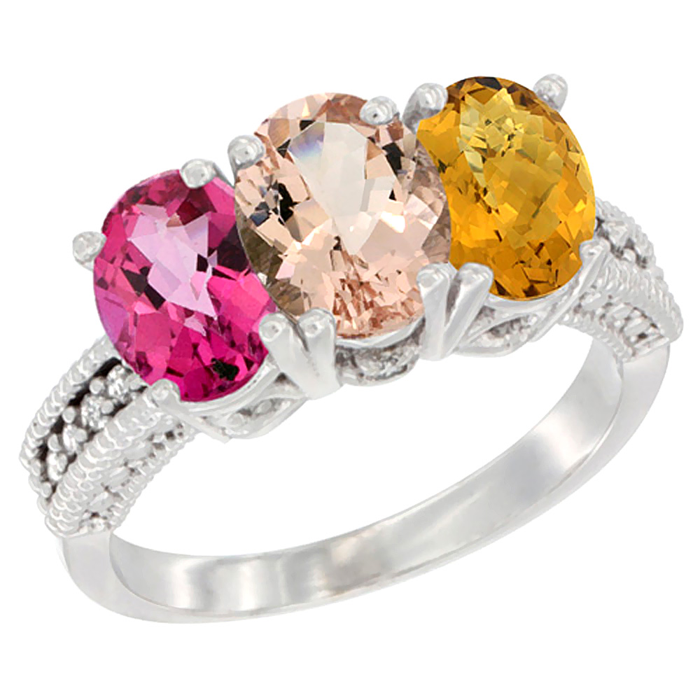 14K White Gold Natural Pink Topaz, Morganite & Whisky Quartz Ring 3-Stone 7x5 mm Oval Diamond Accent, sizes 5 - 10