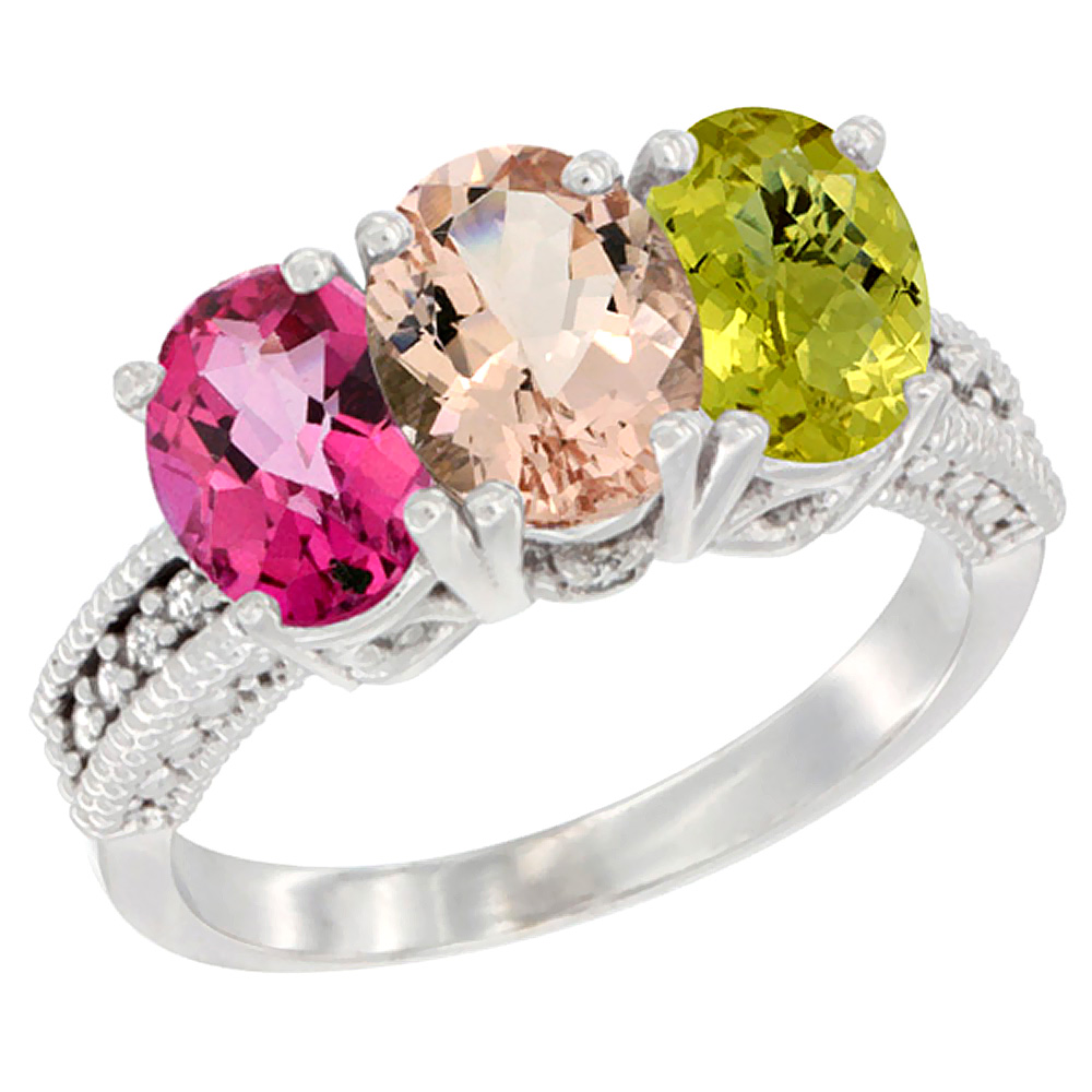 14K White Gold Natural Pink Topaz, Morganite &amp; Lemon Quartz Ring 3-Stone 7x5 mm Oval Diamond Accent, sizes 5 - 10