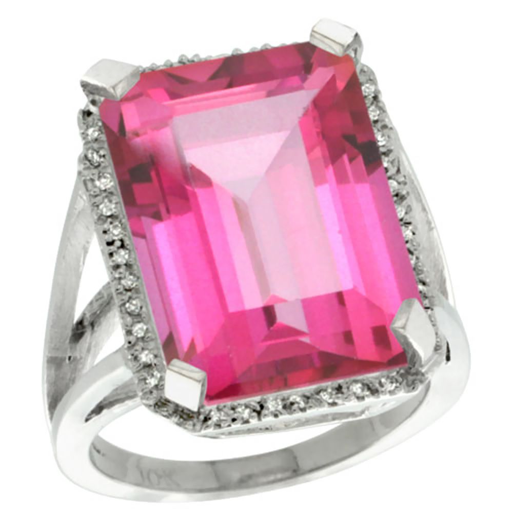 14K White Gold Diamond Natural Pink Topaz Ring Emerald-cut 18x13mm, sizes 5-10